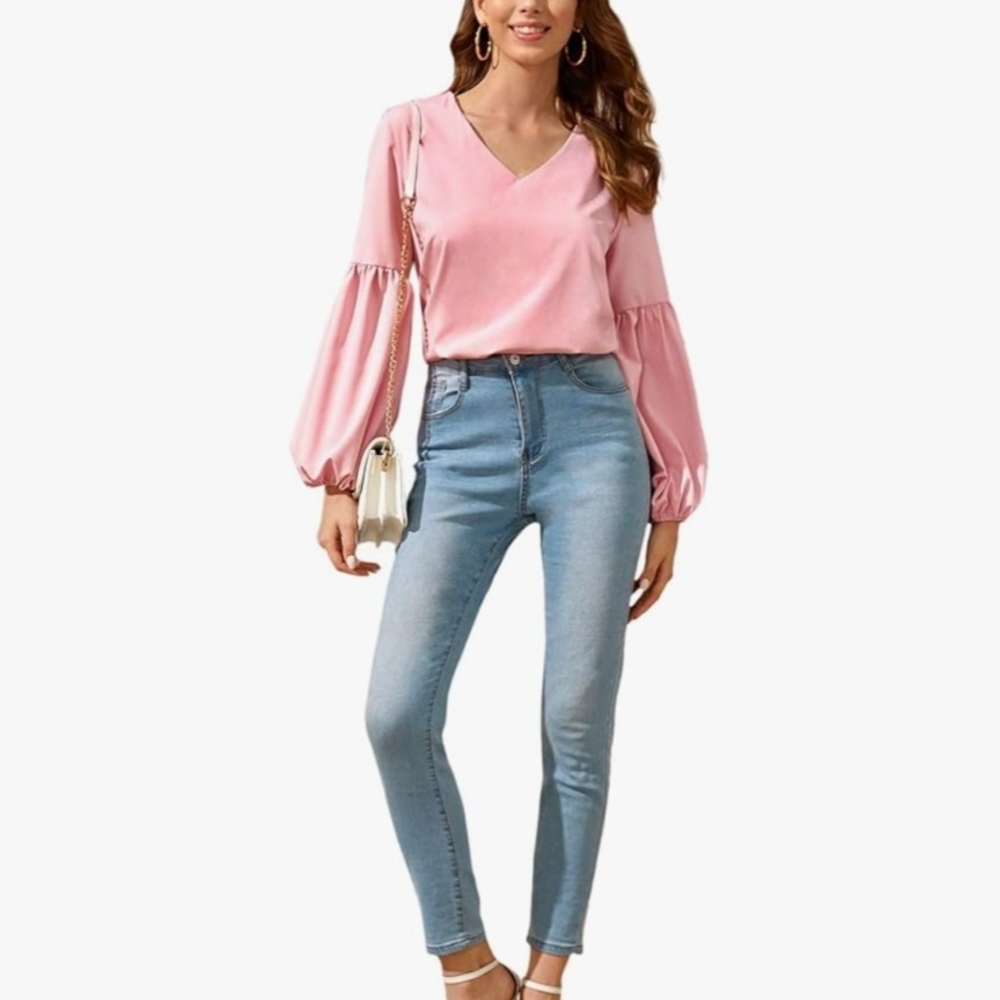 Make Me Chic Elegant Pink V-Neck Women's Top Size Large - Picture 5 of 12